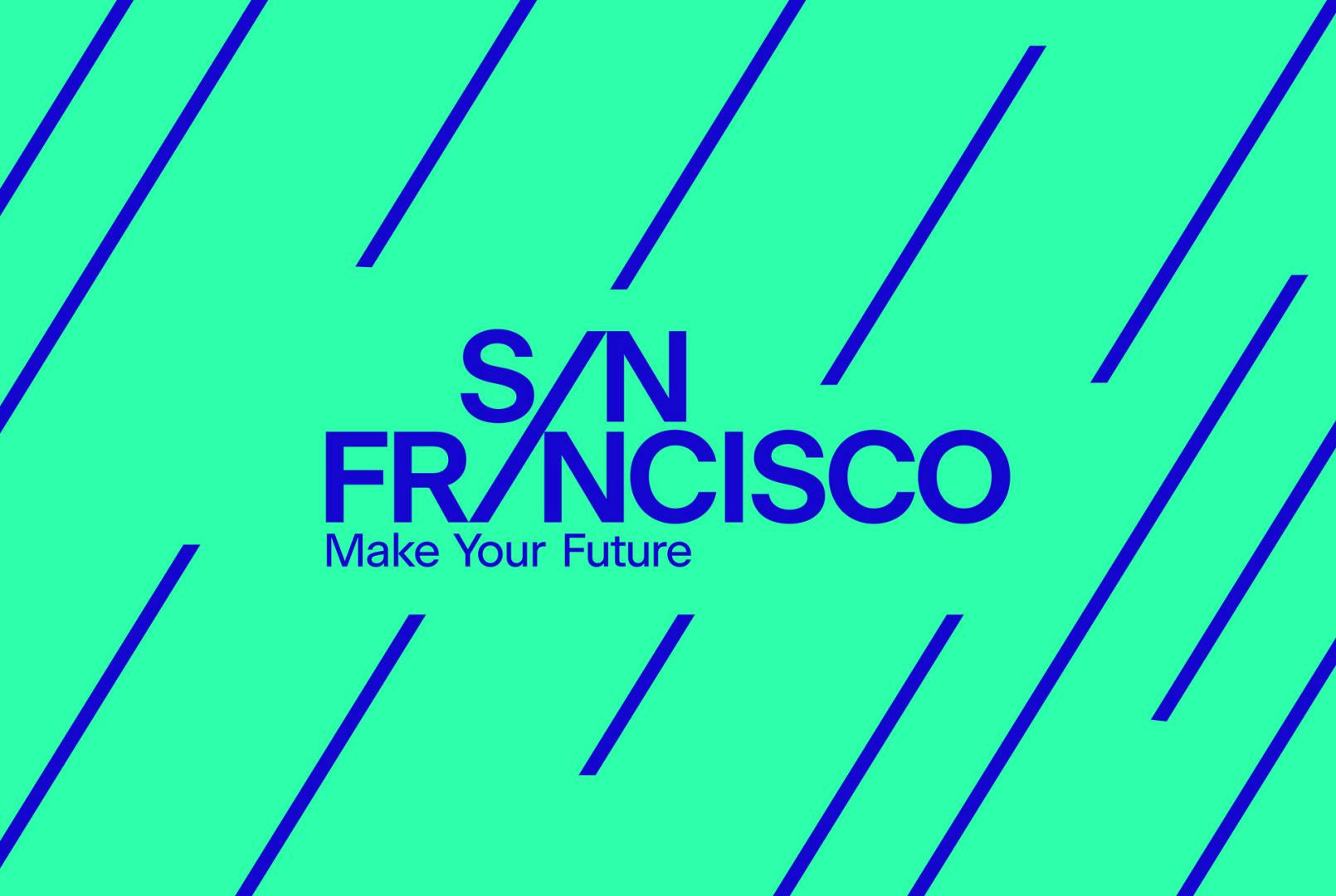 Image of San Francisco place branding, with the logotype in blue laid over a mint green background with diagonal linear pattern