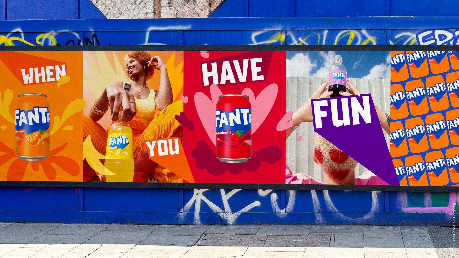 Image of advertisements showing the new Fanta branding, which read 'When you have fun'