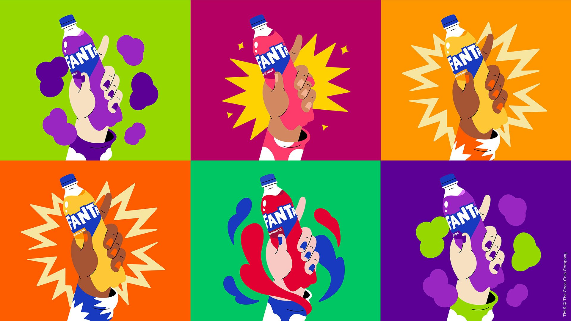 A set of six illustrations created for the new Fanta branding showing people's hands holding bottles of fanta in different colours