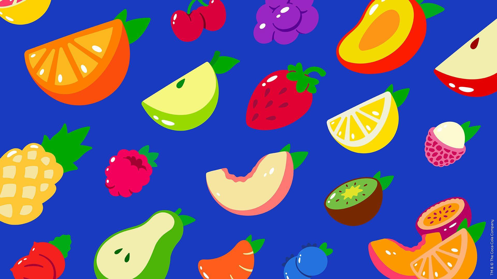 Graphic showing illustrations of fruit on a bright blue background