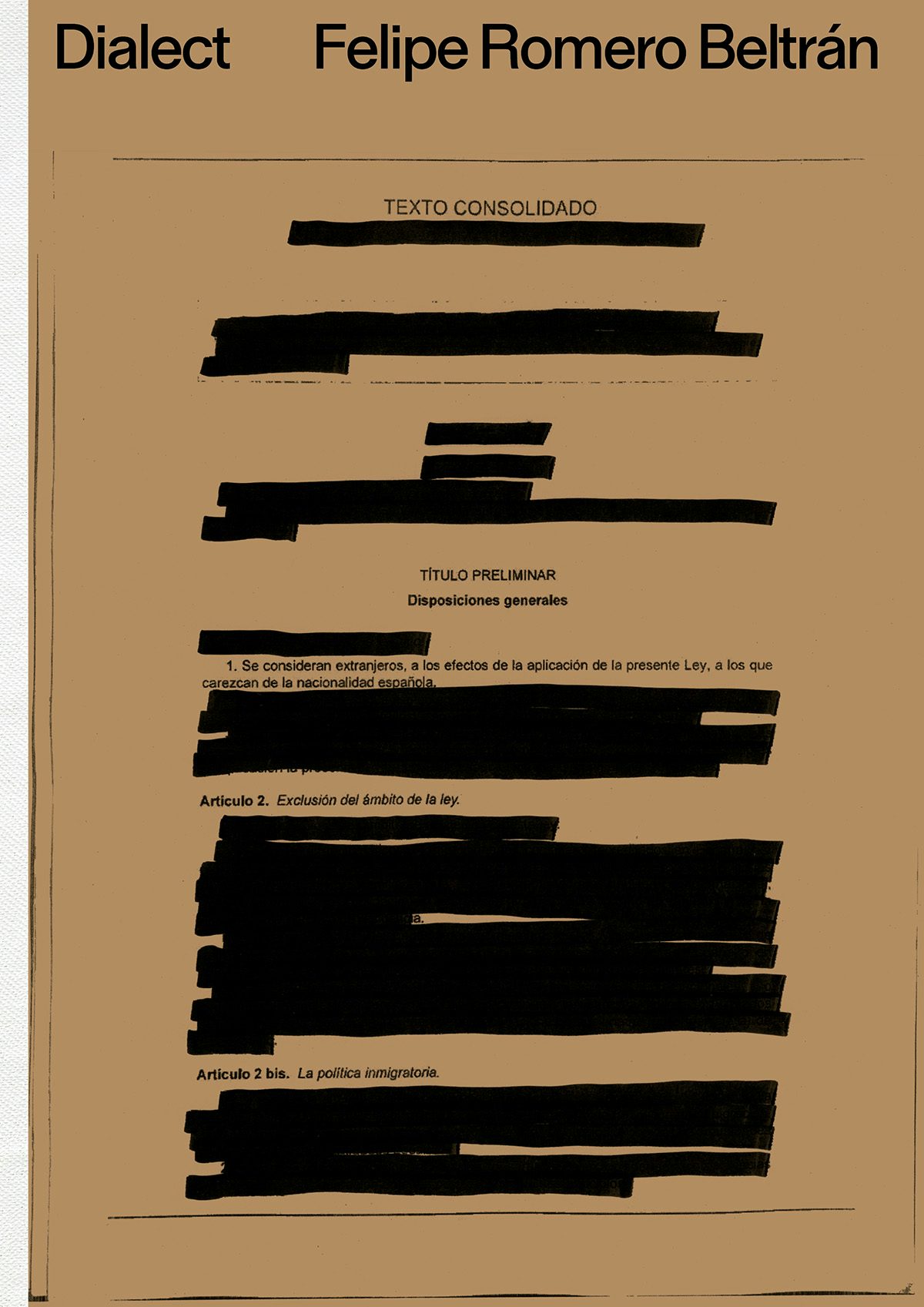 Image of the cover of Dialect by Felipe Romero Beltran, which is a brown background covered with text that has been mostly redacted with black pen