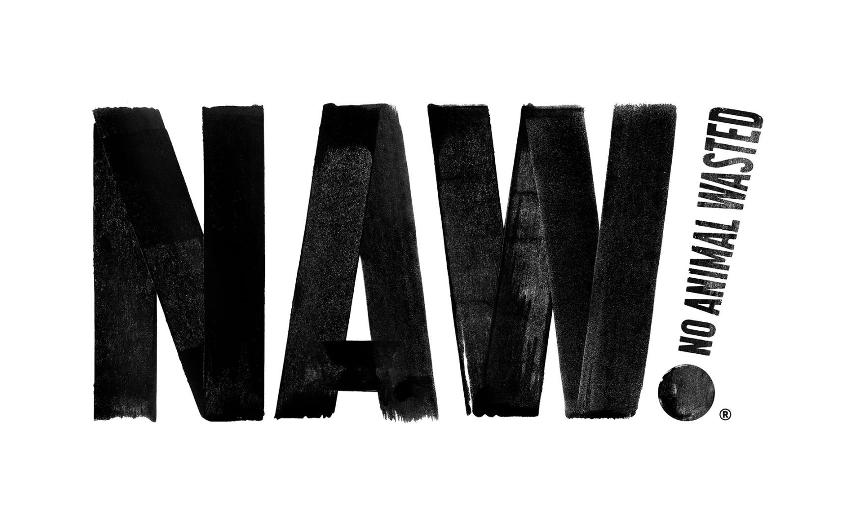 Image shows NAW's new logo by Robot Food, written in black painted capital letters with the slogan 'no animal wasted' used as the main line of an exclamation mark