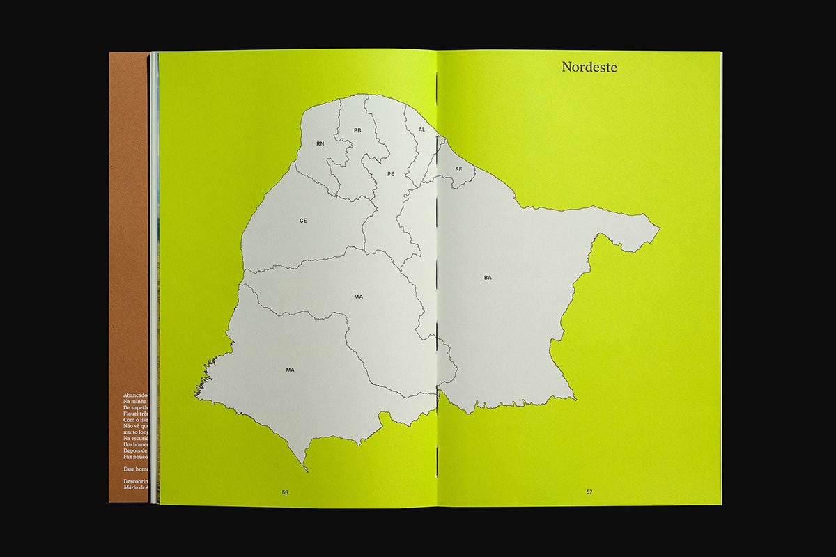 Spread from Quilo magazine featuring a map of Nordeste of Brazil on a yellow background