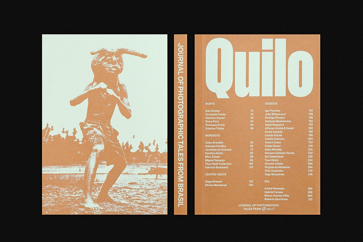 Spread from Quilo magazine showing the contents page and a photograph of a person wearing a mask
