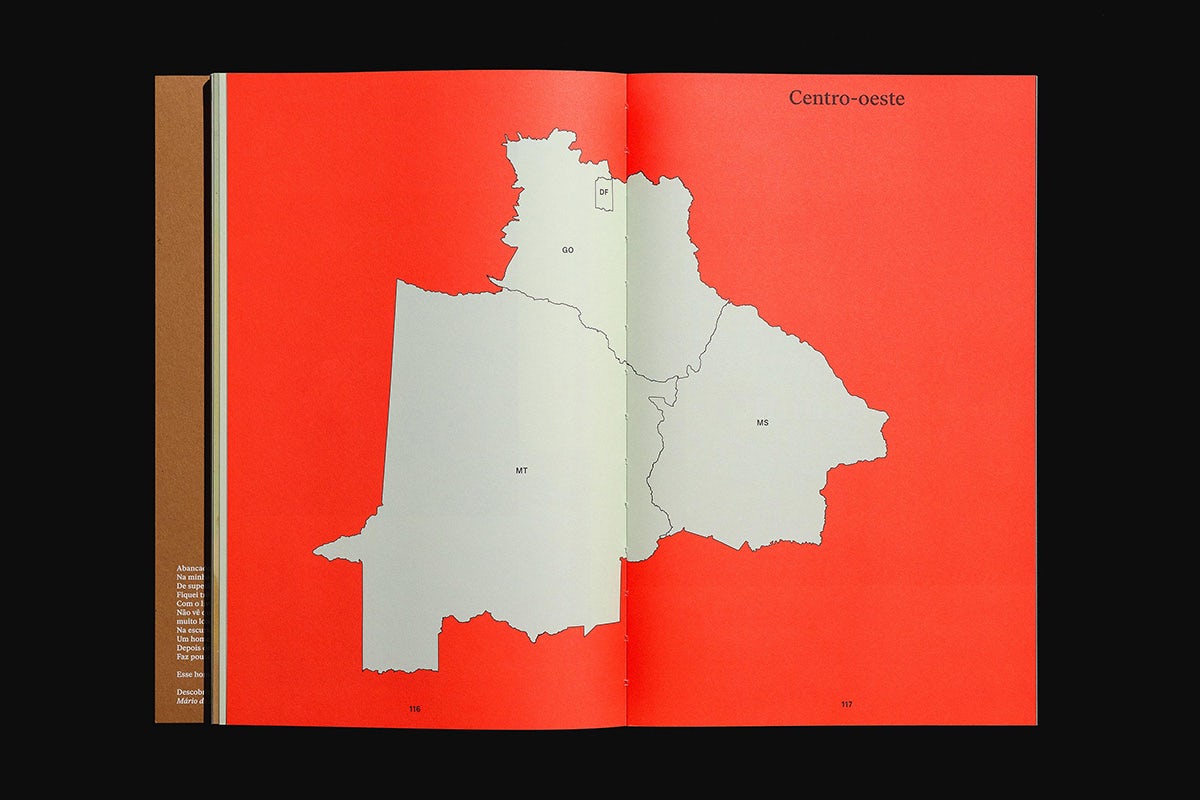 Spread from Quilo magazine showing a map of Centro-oeste in Brazil against a red background