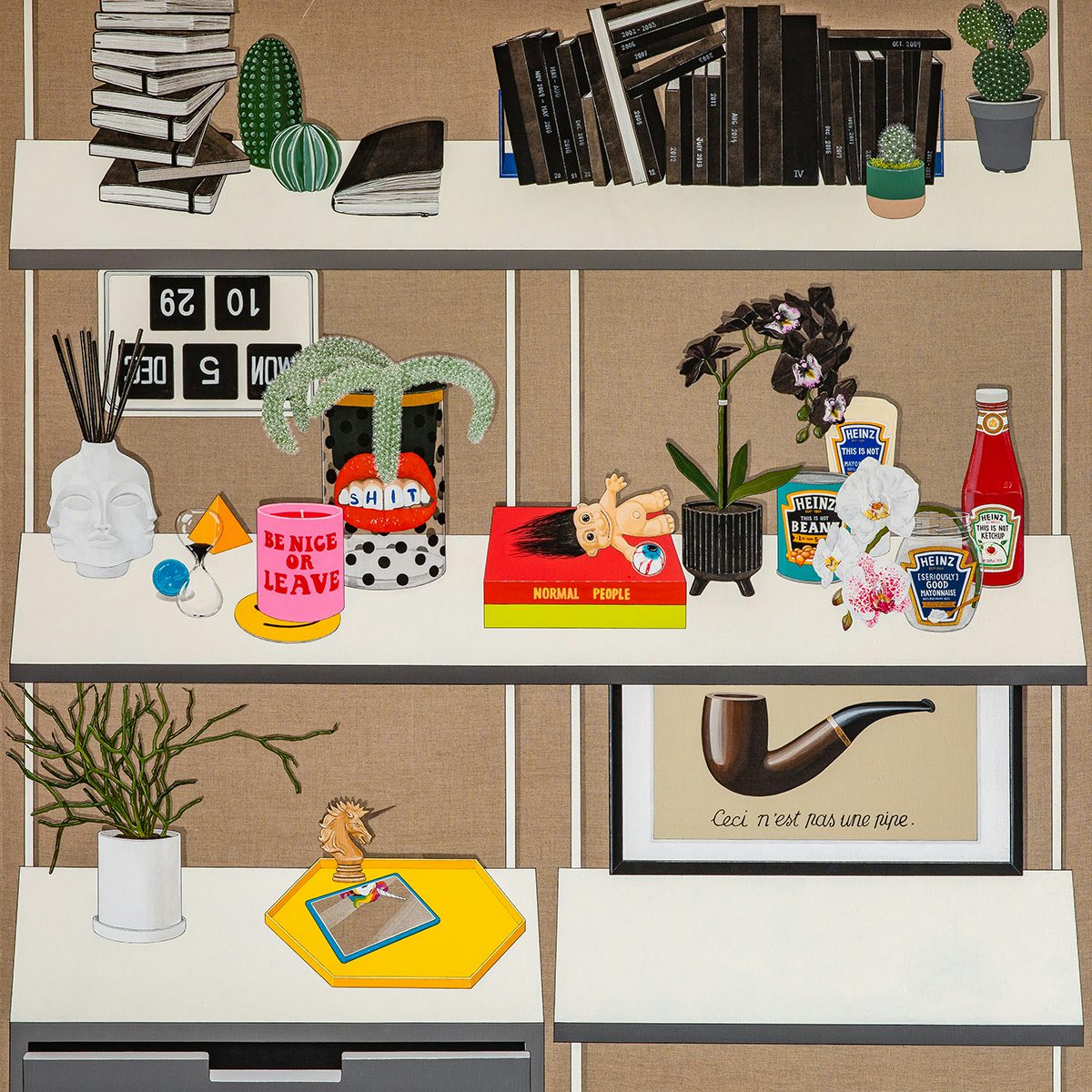 Painting by Sooyoung Chung showing objects arranged across three shelves, including a rendition of Ceci n'est pas une pipe, a collection of books, a vase of flowers, a troll doll, and a mug that reads 'be nice or leave'