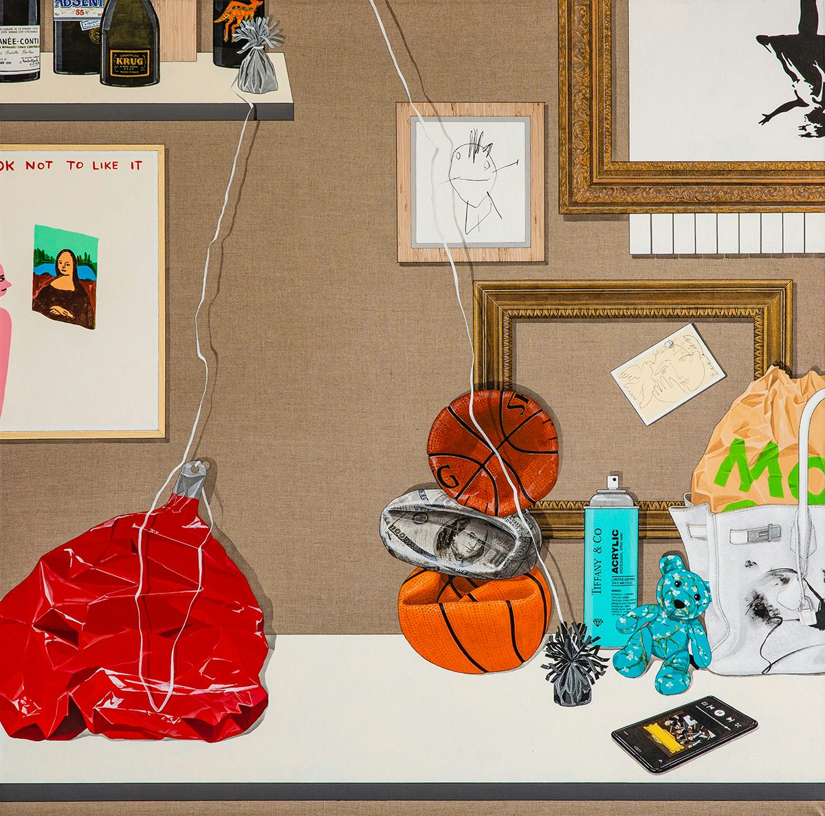 Painting by Sooyoung Chung showing a deflated red balloon, an upside down rendition of Banksy's balloon girl artwork, and deflated basketballs