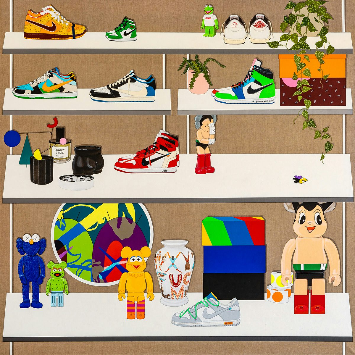 Painting by Sooyoung Chung showing objects arranged across four shelves, including Kaws figurines and colourful Nike trainers