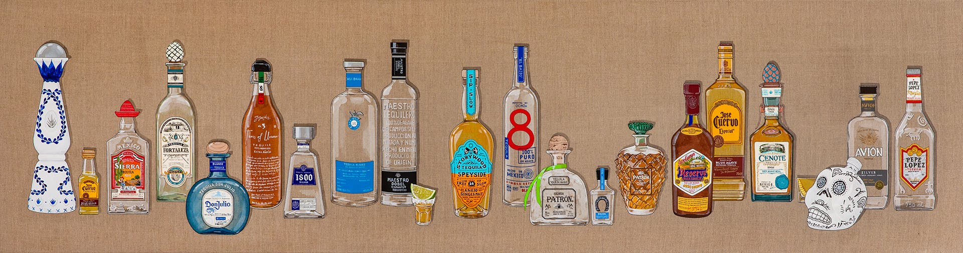 Painting by Sooyoung Chung showing an array of bottles lined up against a brown background