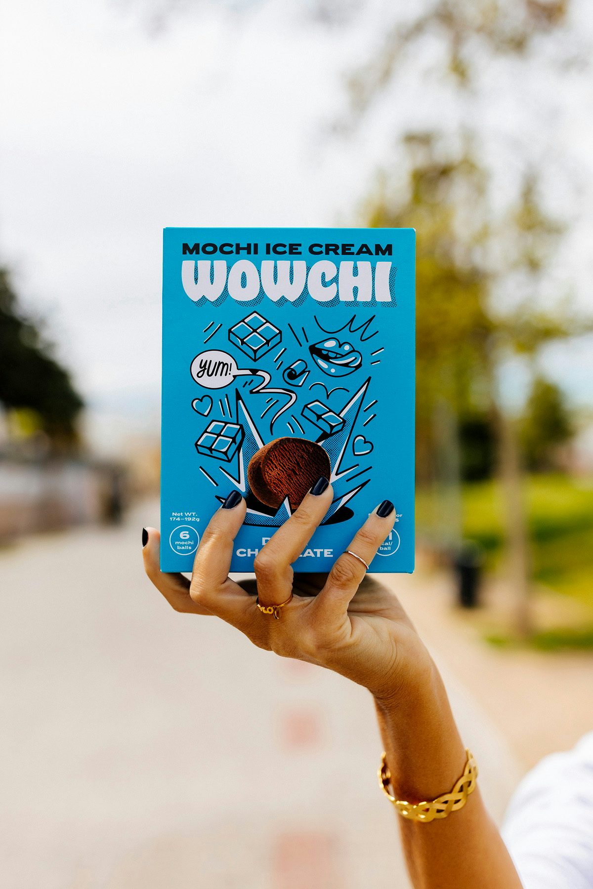 Image taken outside of a person's hand holding a blue box of Wowchi mochi with line illustrations and a photo of a mochi ball on the front of the packaging