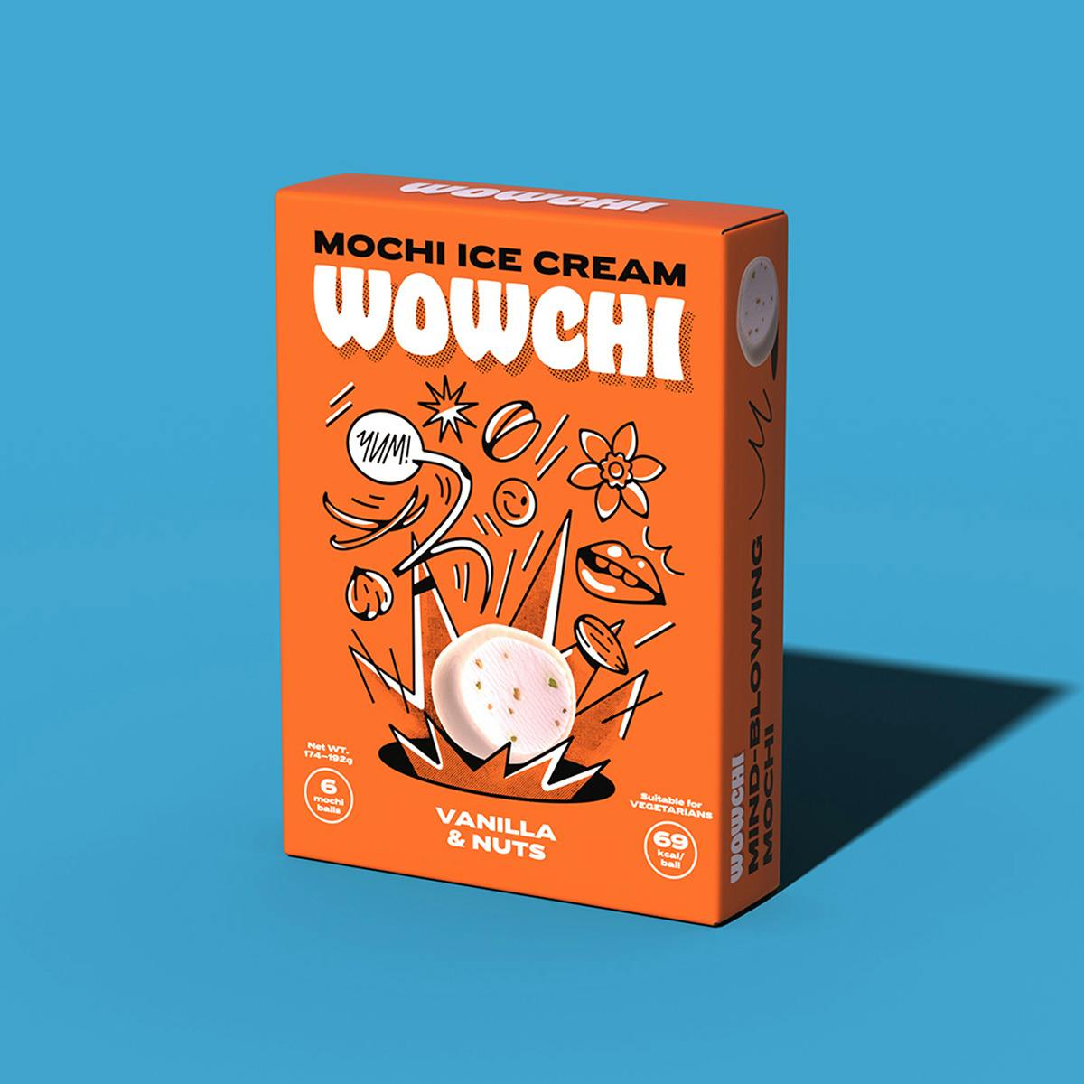 Image shows an orange box of Wowchi mochi with line illustrations and a picture of a mochi ball on the front, shown against a blue background