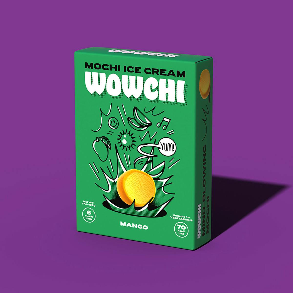 Image shows a green box of Wowchi mochi with line illustrations and a picture of a mochi ball on the front, shown against a purple background