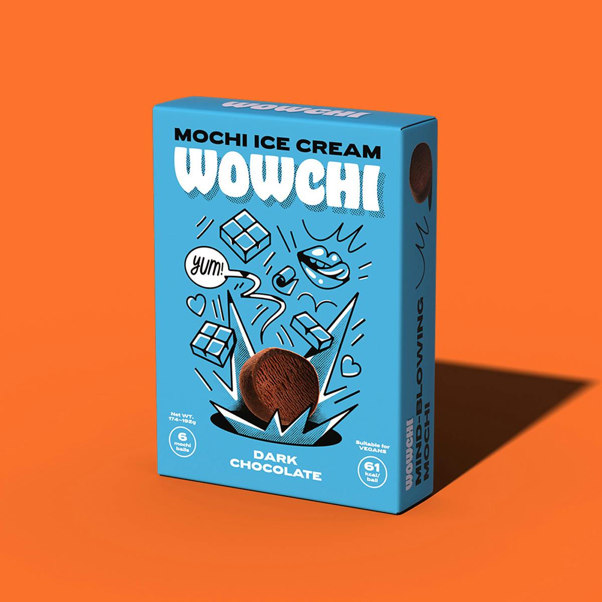 Image shows a blue box of Wowchi mochi with line illustrations and a picture of a mochi ball on the front, shown against an orange background