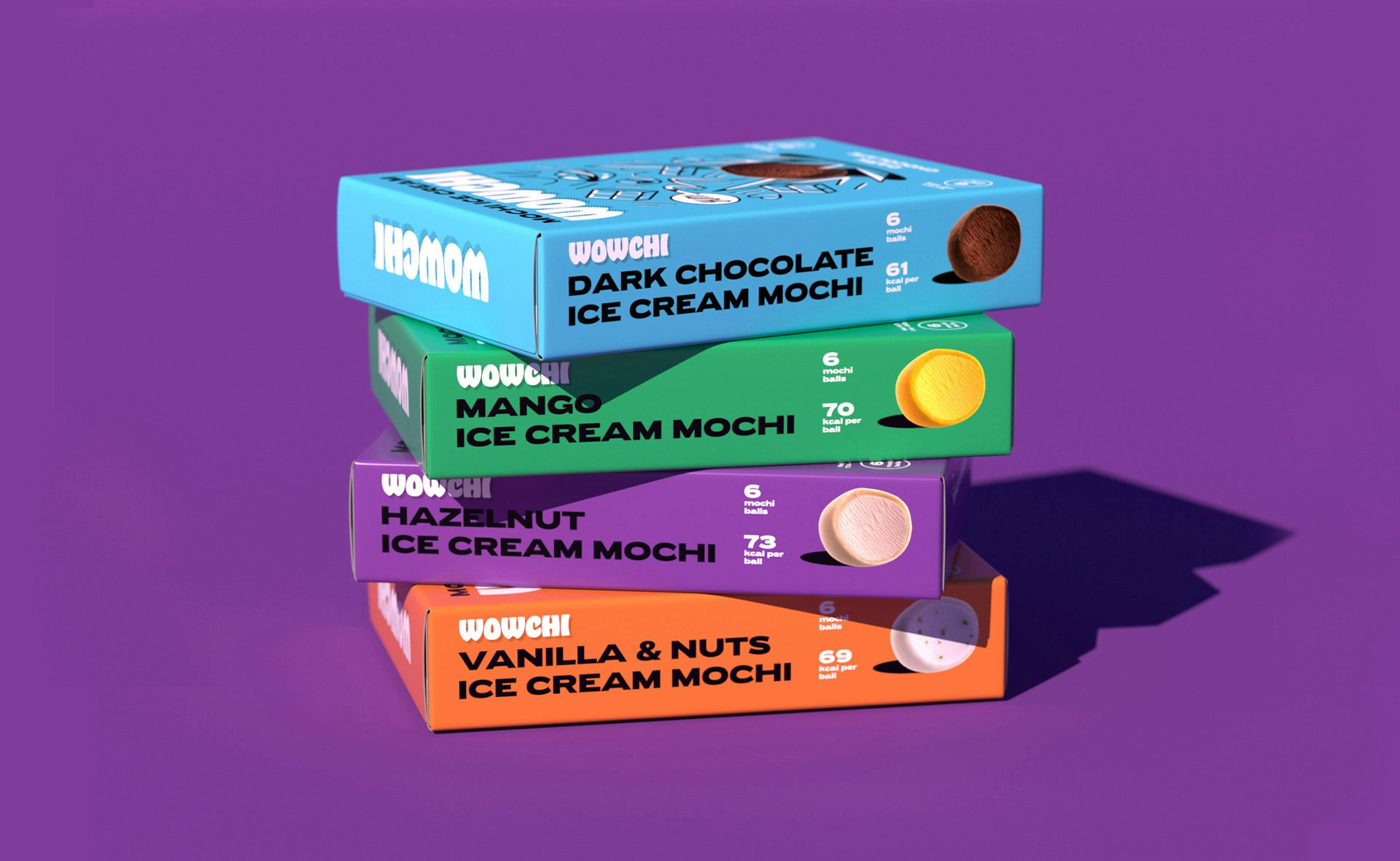 Image shows a stock of Wowchi mochi boxes in green, orange, blue and purple packaging with line illustrations and mochi balls on the front, shown against a bright purple background