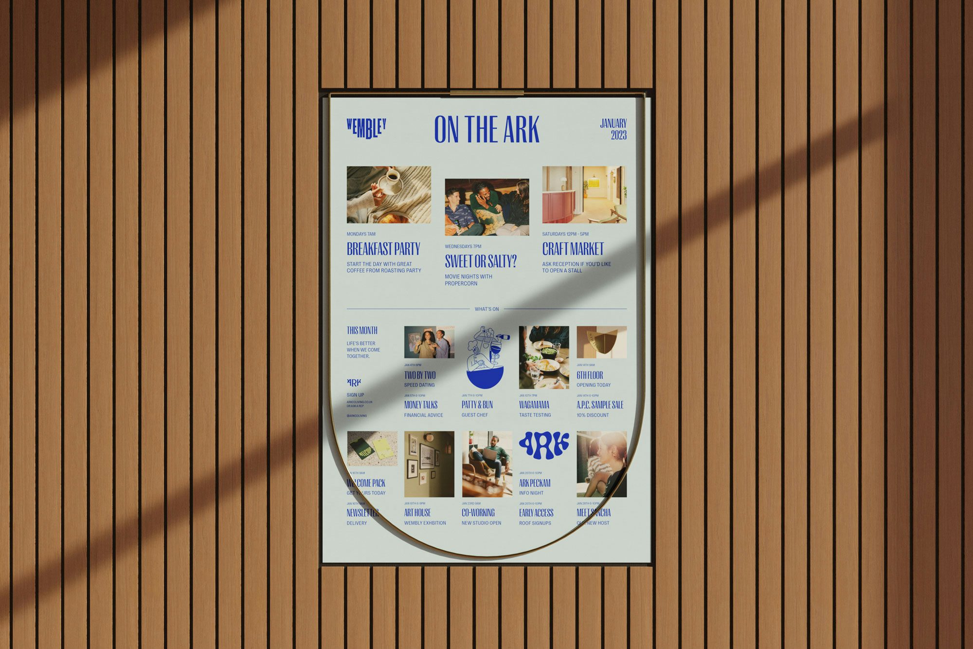 Image shows Ark branding on a poster headlined 'On the ark' in bright blue capital letters, with events listings underneath