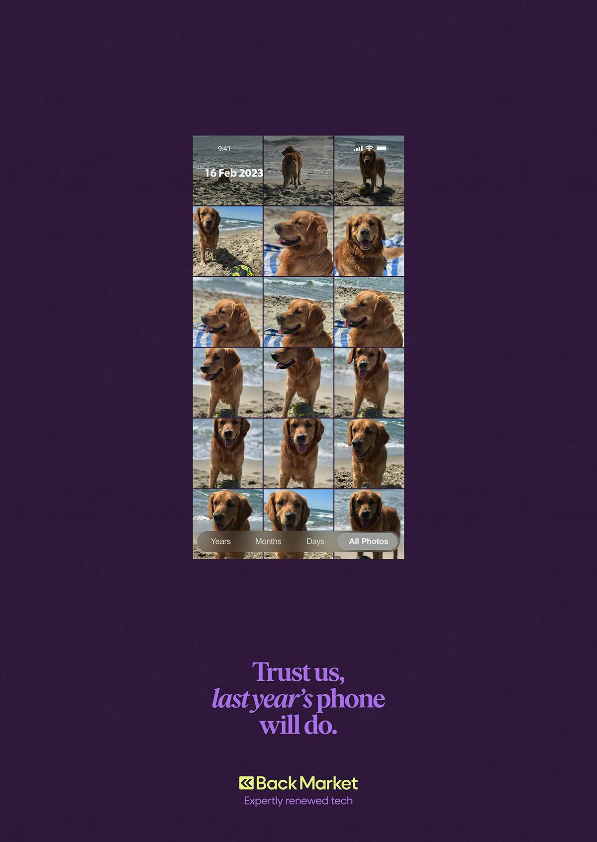 Image from Back Market's campaign showing a picture of a camera roll filled with near identical photos of a dog, and the headline 'Trust us, last year's phone will do' on a dark purple background