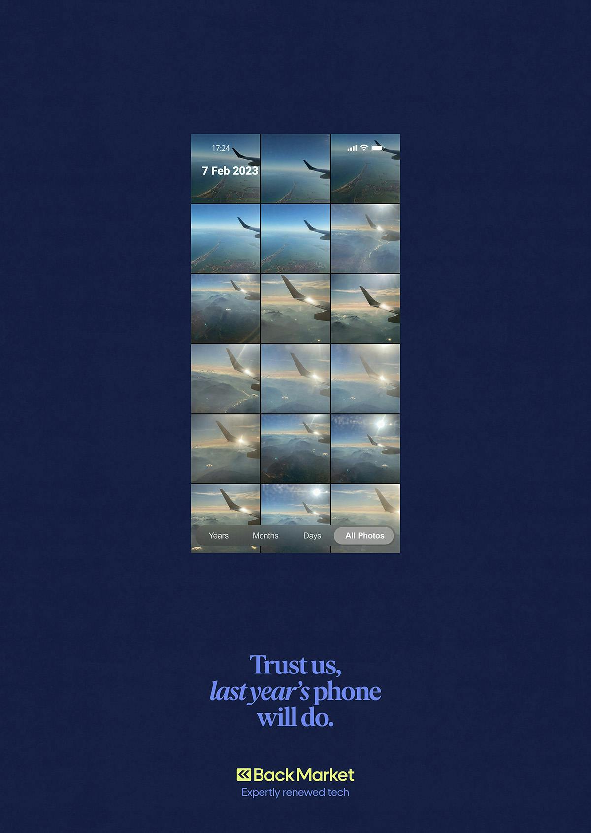 Image from Back Market's campaign showing a picture of a camera roll filled with near identical photos of a plane wing in the sky, and the headline 'Trust us, last year's phone will do' on a dark blue background