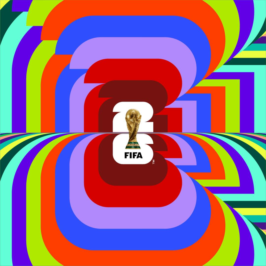 Graphic showing the FIFA World Cup 2026 design identity, featuring a multicoloured graphic pattern with the numbers '2' and '6' at the centre in a thick, blocky typeface, and a trophy in the middle of that
