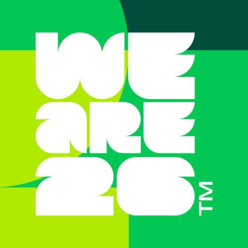 Graphic showing the FIFA World Cup 2026 design identity, with the tagline 'We are 26' laid out in thicky, blocky white type on a background of a variety of green shades