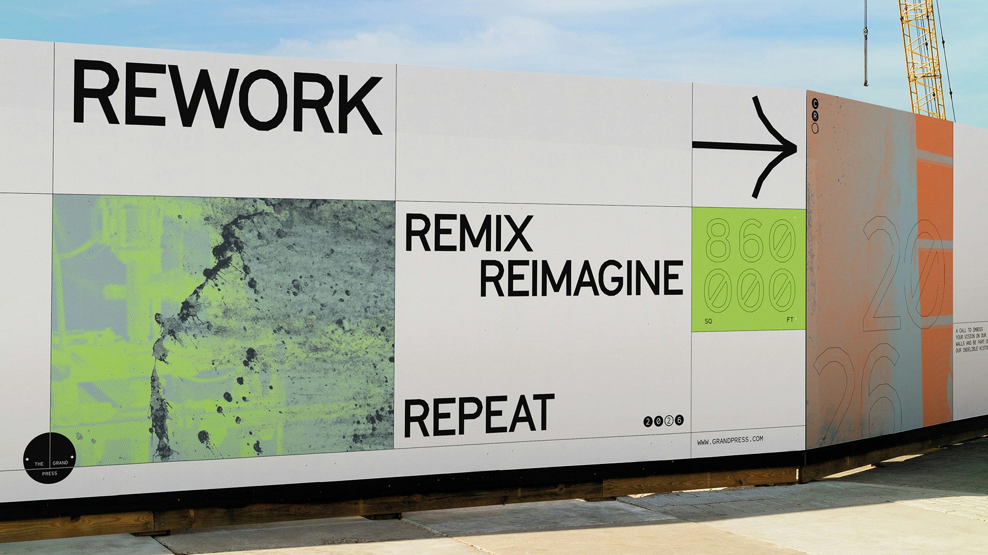 Image shows posters for the Grand Press, featuring the phrases 'rework, remix, reimagine, repeat' staggered around the design, and an arrow pointing to the right