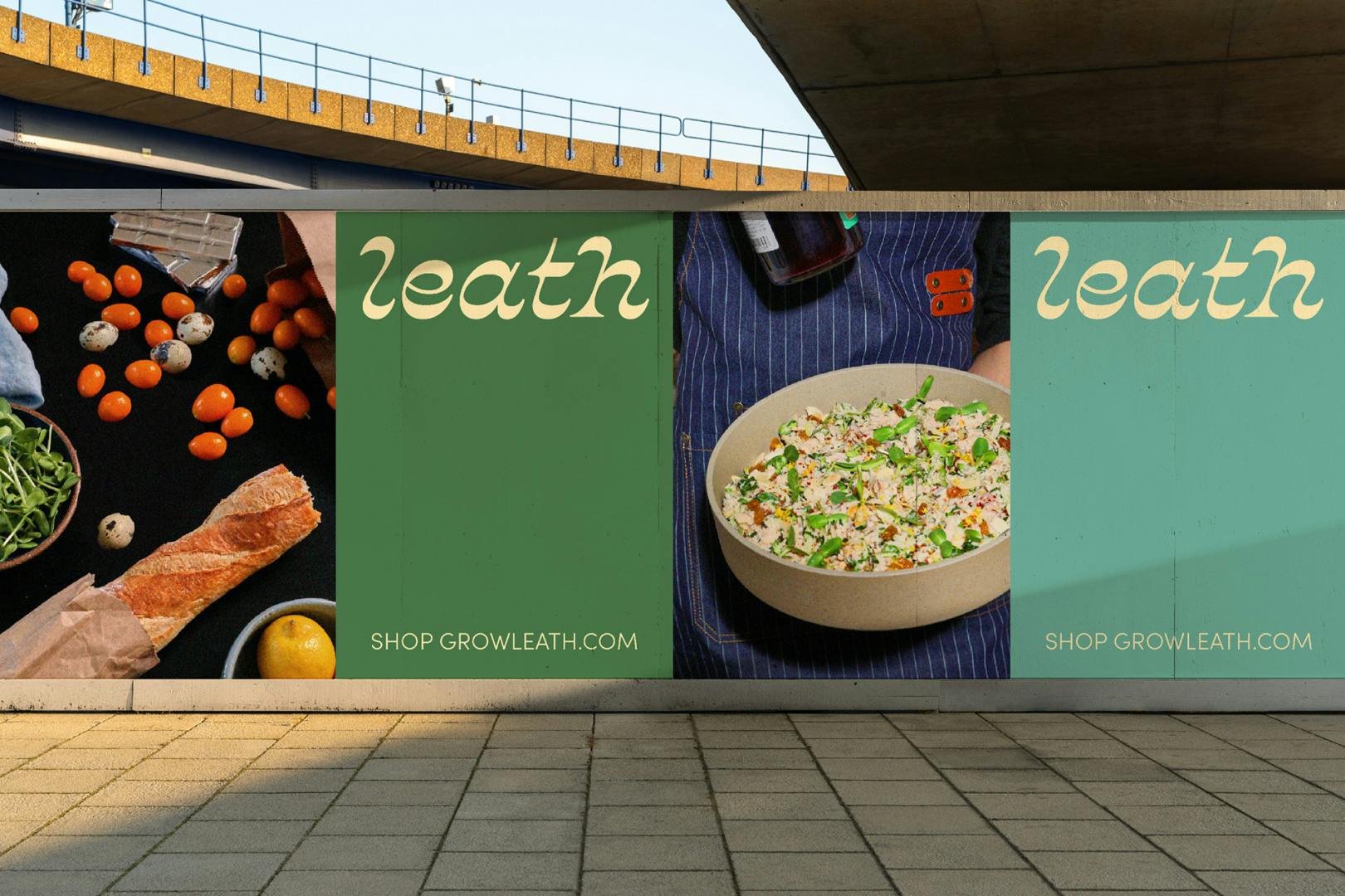 Image showing the branding for Leath, as seen on a billboard with the brand name written in an elaborate slanted typeface, alongside photos of food
