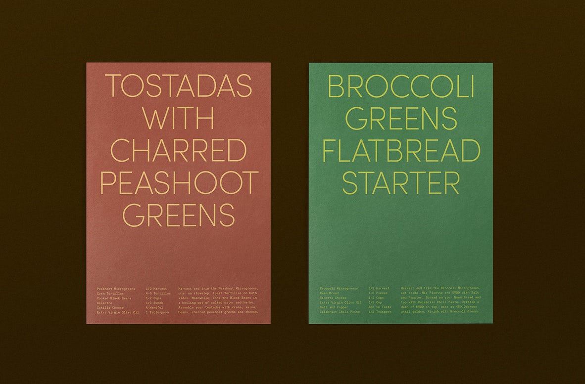 Image showing the branding for Leath, as seen on a red poster headlined 'tostadas with charred peashoot greens' and a green poster headlined 'broccoli greens flatbread starter'