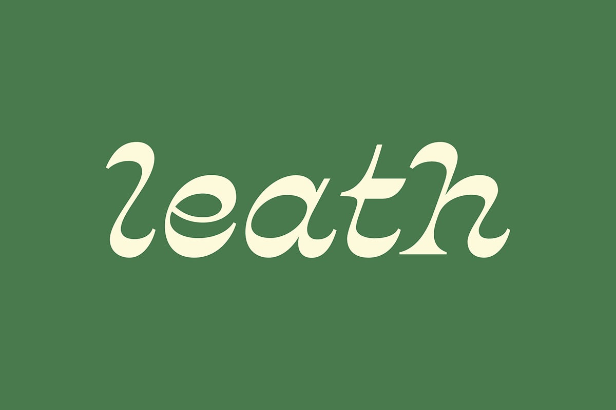 Image showing the Leath wordmark, laid out in an elaborate italic typeface, on a green background