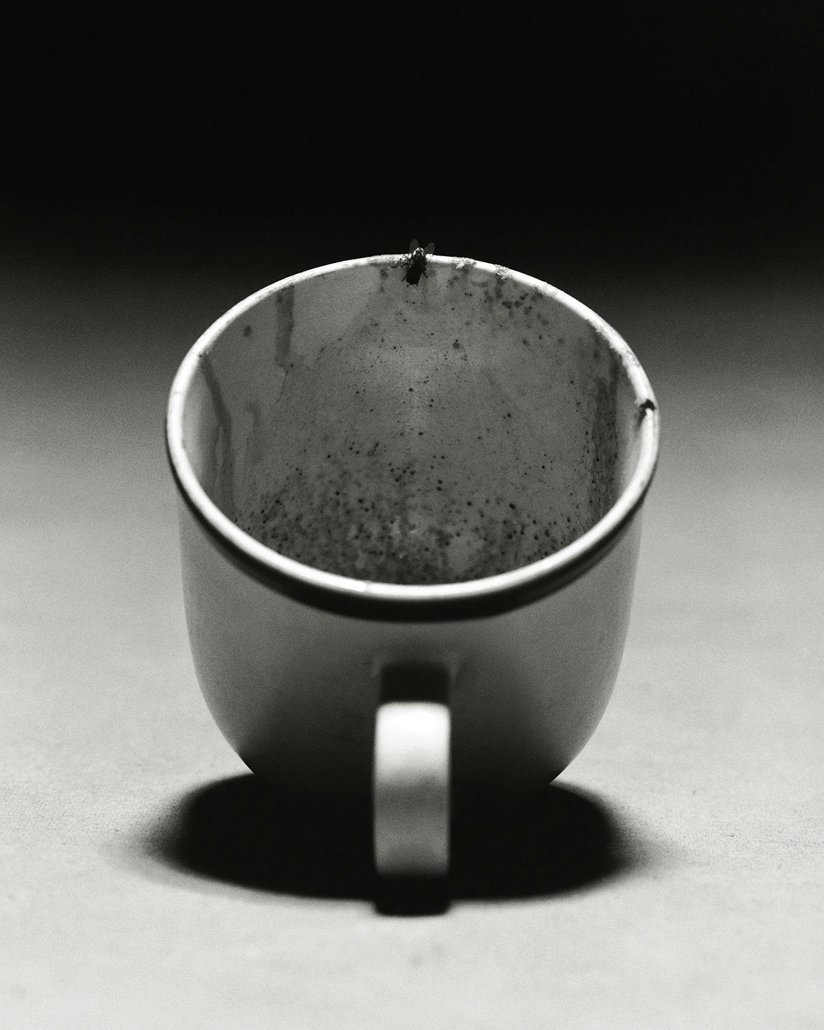 Black and white photograph from O by Luis Alberto Rodriguez of a coffee cup covered in residual coffee grounds and an insect on the lip of the cup