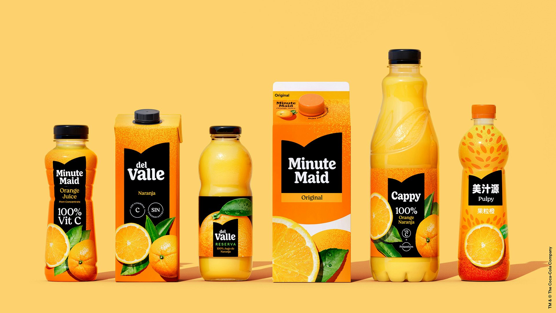 Image showing the new Minute Maid branding and packaging on a line-up of six different orange drinks products