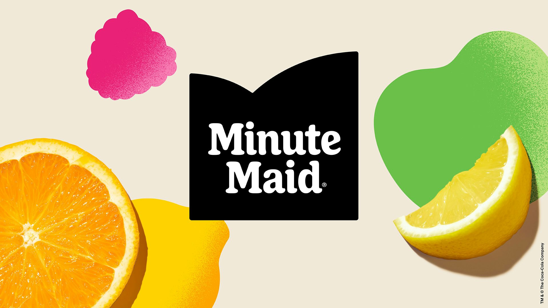 Image of Minute Maid's new logo, featuring a black background with a cut-out in the shape of two hills meeting, and a white rounded serif font, against a background of illustrations and photos of fruit