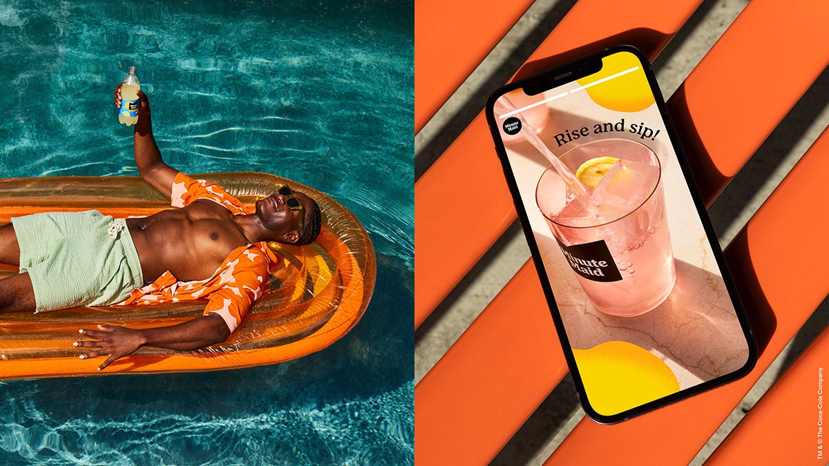 Two side-by-side images, showing a person lying on a pool foat holding a Minute Maid bottle up in the air, and on the right is a smartphone showing a social media post featuring an image of a Minute Maid glass