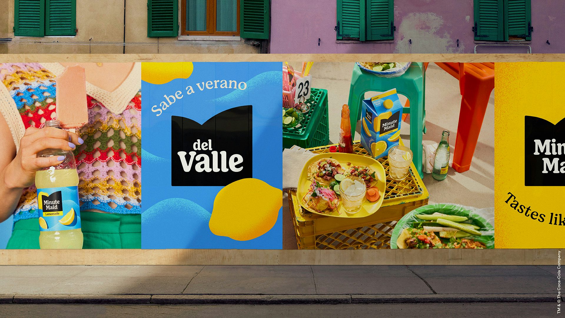 Image of Minute Maid's new branding shown on an outdoor poster campaign, featuring lifestyle images of Minute Maid products and a poster of the Minute Maid logo with the 'del Valle' brand name