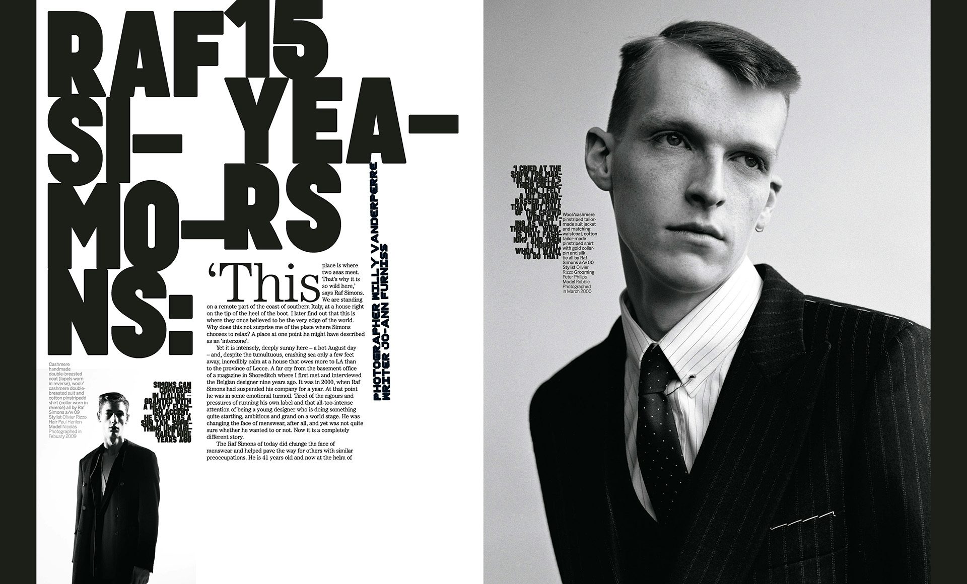 Image is of an Arena Homme + magazine spread headlined 'Raf Simons 15 Years' split into columns, and a black and white photograph of a person wearing a Raf Simons suit on the right hand page