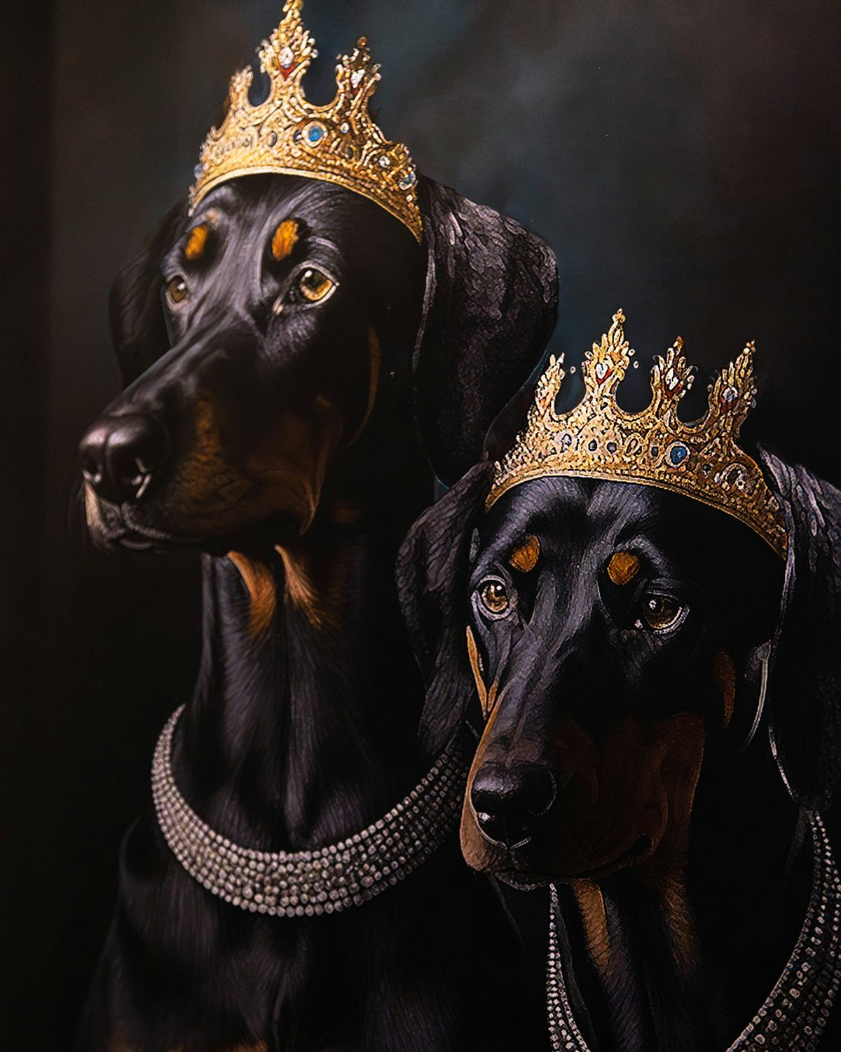Photo realistic graphic of two black Dobermann dogs wearing crowns and regal neckwear, created for Overmono's pop up pub experience