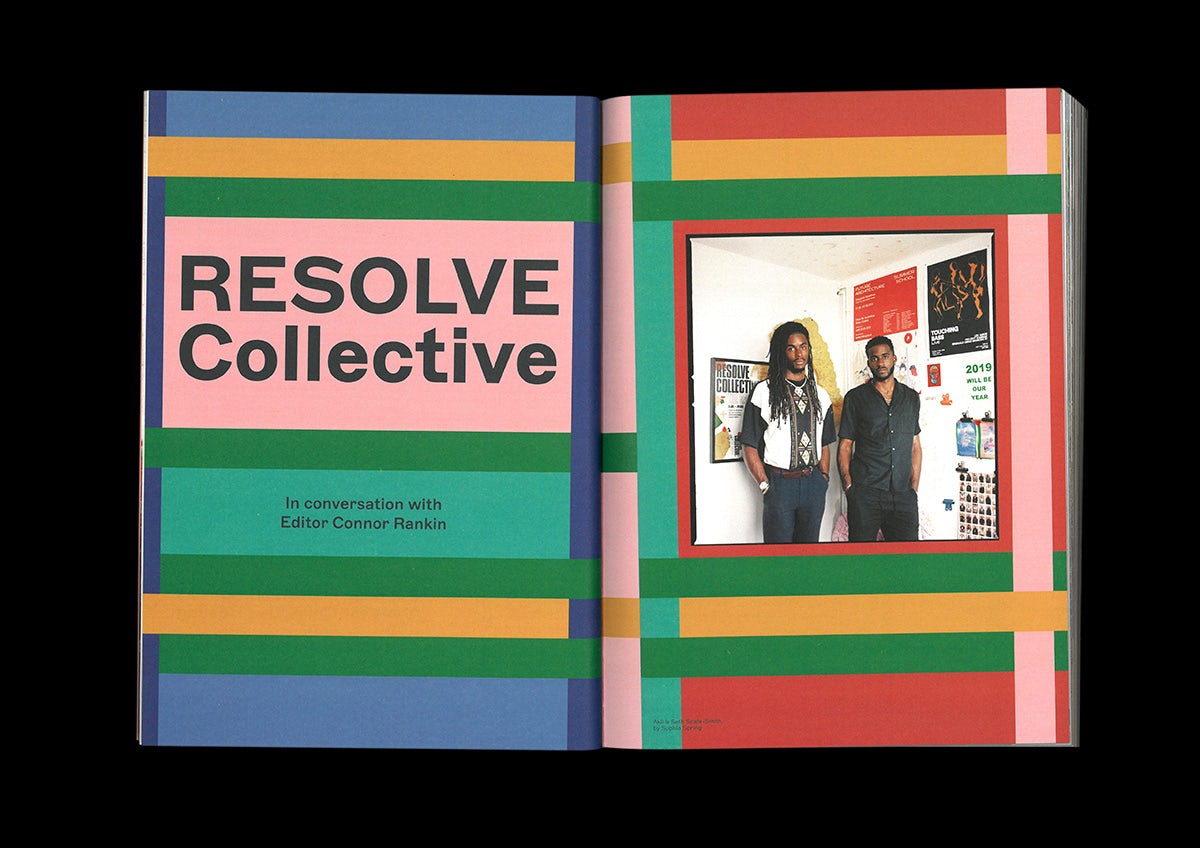 Photo of a spread from ACV magazine headlined 'resolve collective' on the left and a photo of two people in a studio on the right, featuring a colourful checkered page design