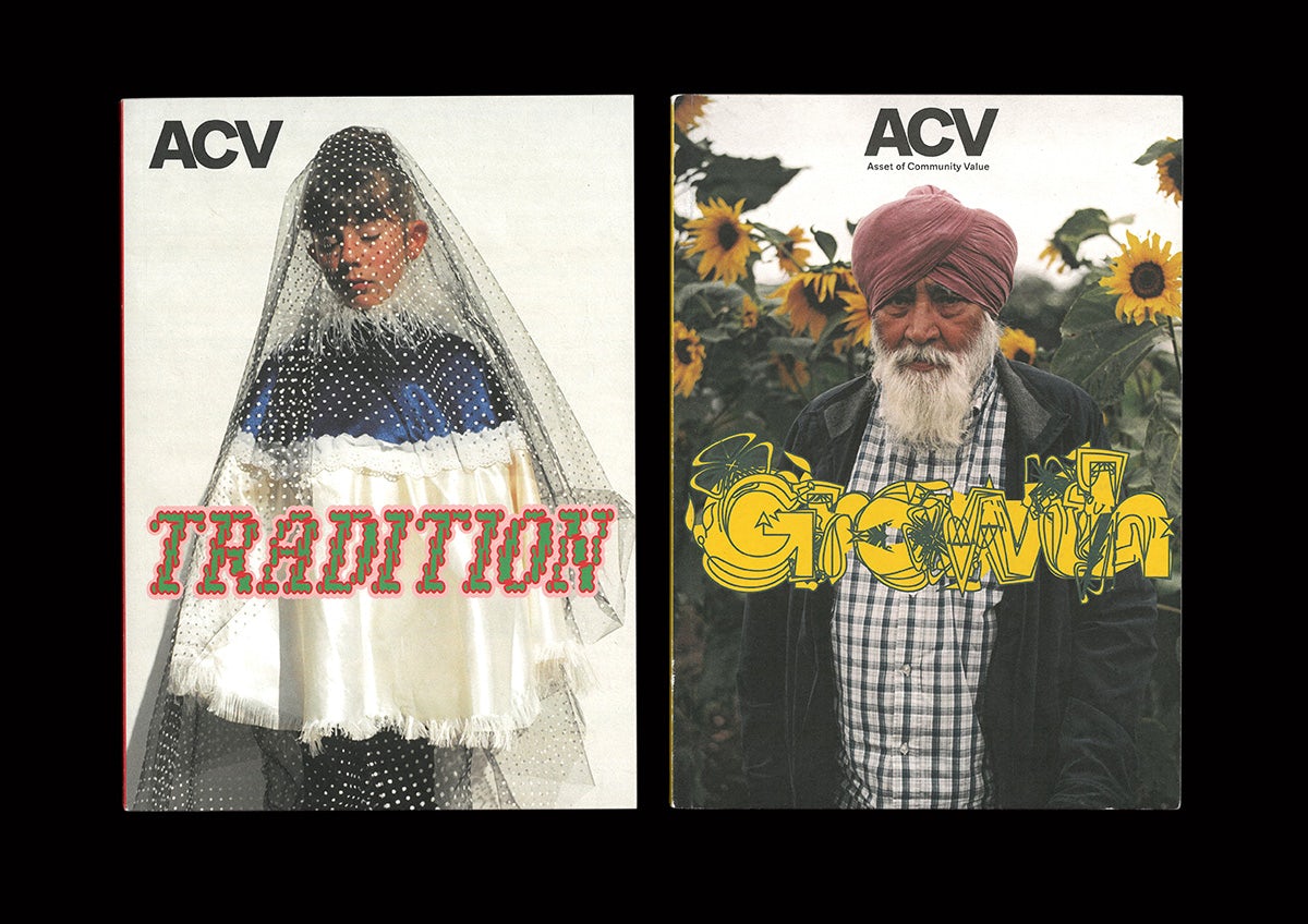 Image shows two covers of ACV magazine, the left featuring a person wearing a veil with the coverline 'Tradition', and the other showing a person wearing a turban and a checkered shirt with the coverline 'Growth'