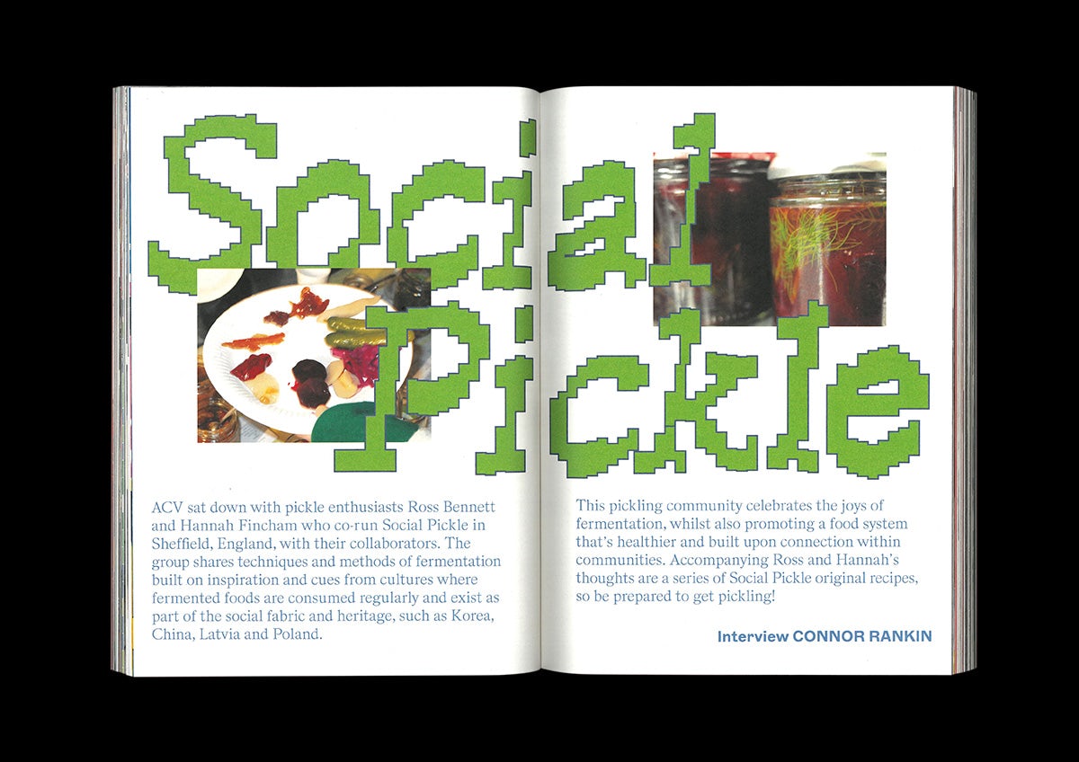 Photo of a spread from ACV magazine headlined 'social pickle' in pixellated green font