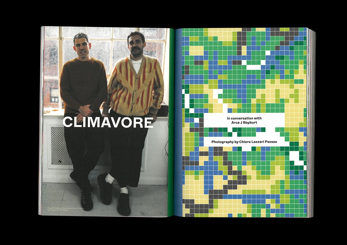 Photo of a spread from ACV magazine showing a photo of two people and the headline 'climavore' on the left, and a pixellated green, blue and yellow artwork on the right