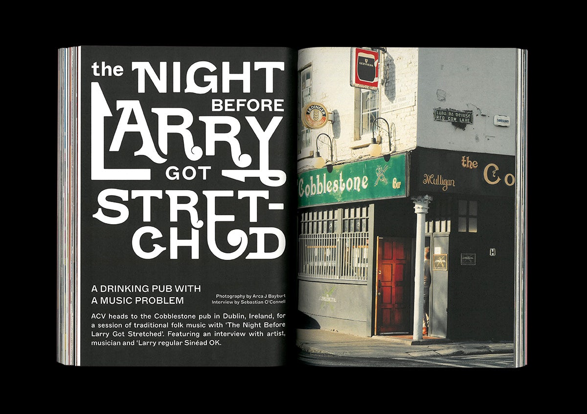 Photo of a spread from ACV magazine headlined 'The night before larry got stretched' with a photo of a pub exterior on the right