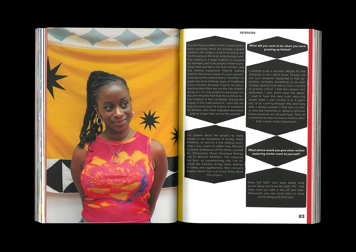 Photo of a spread from ACV magazine featuring a photograph of Halina Edwards wearing a pink sleeveless top against an orange background on the left, and text on the right that's arranged on black backgrounds in the shape of diamonds