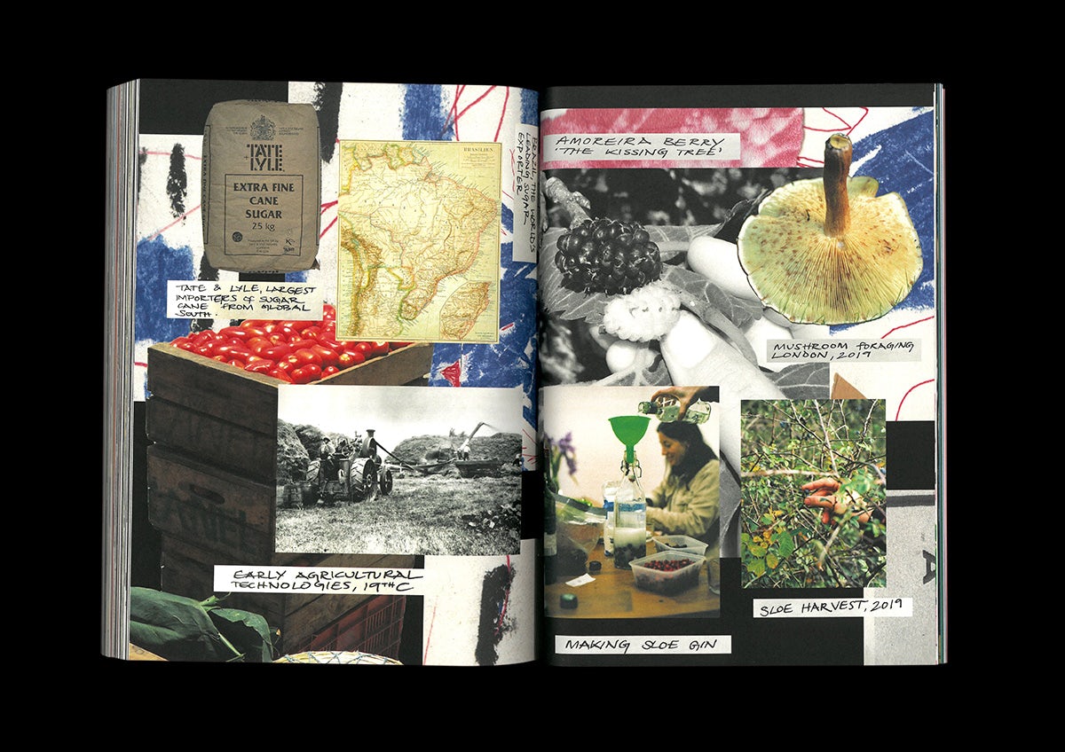 Photo of a spread from ACV magazine showing a collage of handwritten text and photos that include a bag of sugar, a crate of vegetables, and farm machinery