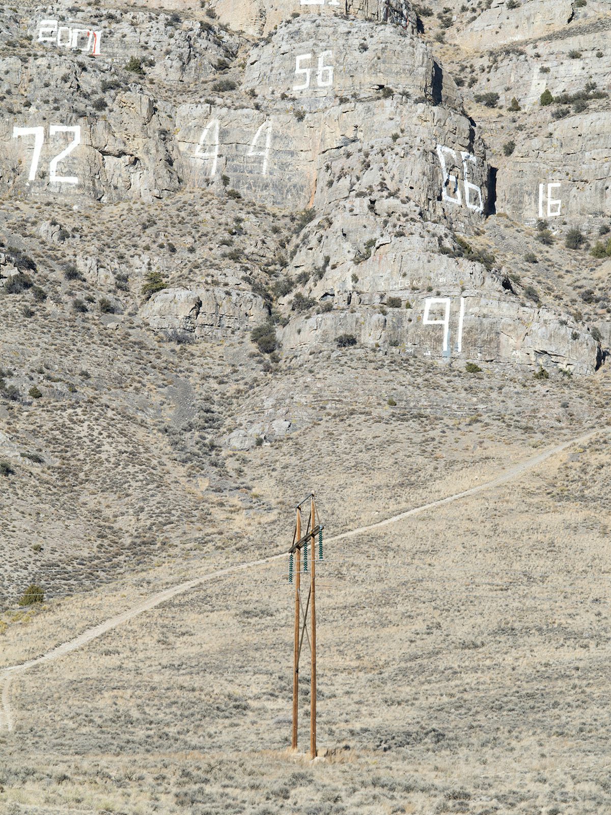 Image from American Glitch by Andrea Orejarena and Caleb Stein showing pilons surrounded by a dry rocky landscape