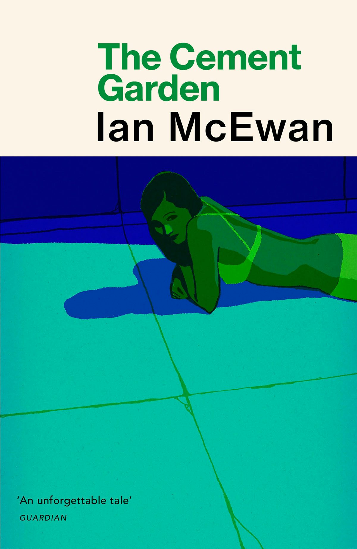 Cover of The Cement Garden by Ian McEwan showing an illustration of a person washed in a green hue and lying on their front wearing a strappy bikini top on a blue tiled floor