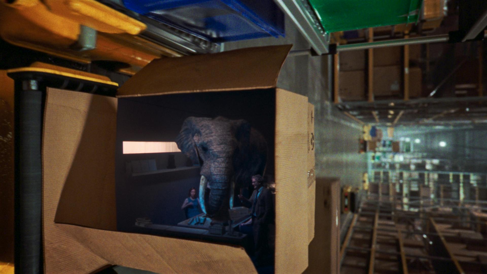 Still image from the new Channel 4 idents showing an elephant in a cube shaped space