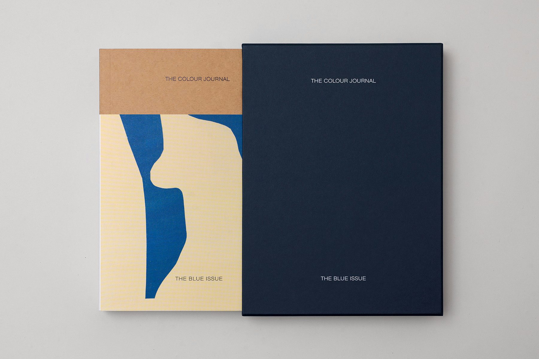 Flat lay photograph of the Blue issue of The Colour Journal, which features an abstract blue and beige cover design, jutting out from a navy blue slip case