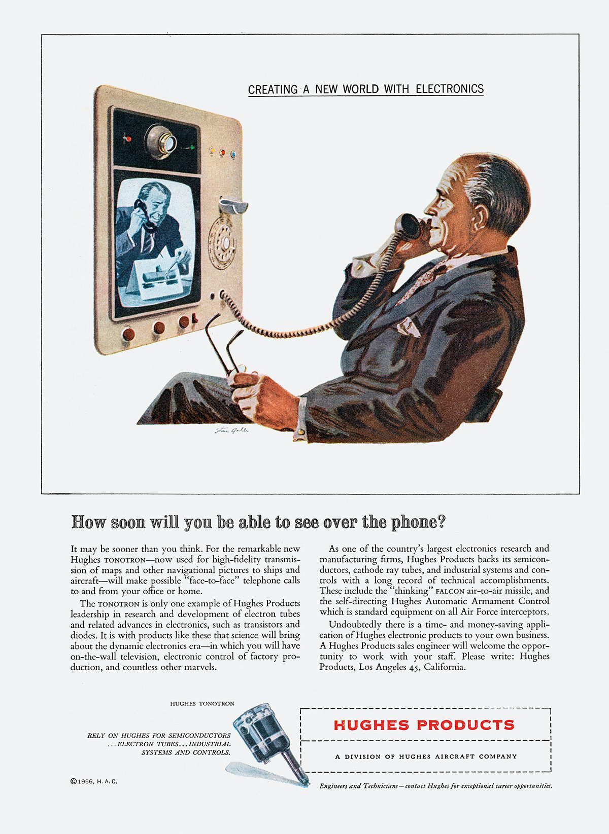 Image of a poster advertisement showing an illustration of a man in a suit holding a phone to his ear as he looks at a screen. The poster is headlined 'How soon will you be able to see over the phone?'