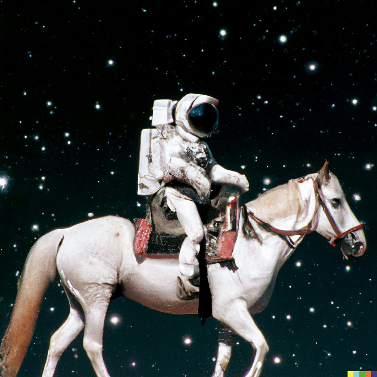 AI generated image appaering to show an astronaut riding on the back of a white horse against a starry sky