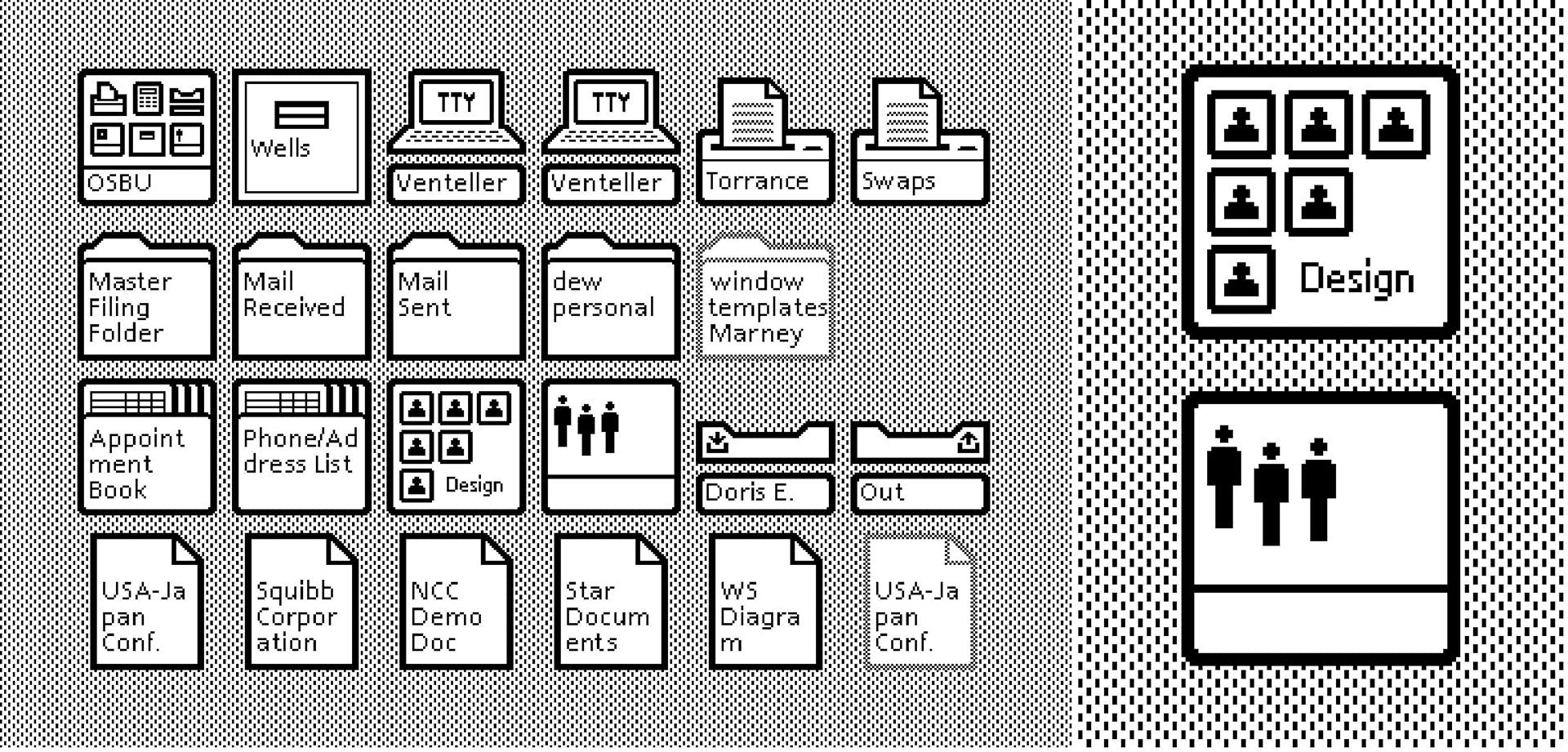 Graphic showing the grey and white user interface of the Xerox Alto, showing icons in the shape of computers and documents