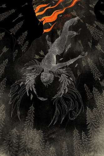 Illustration by Cristina Bencina showing a darkened background filled with grey trees, and an angelic figure flying upside down, with orange flames at the top of the illustration