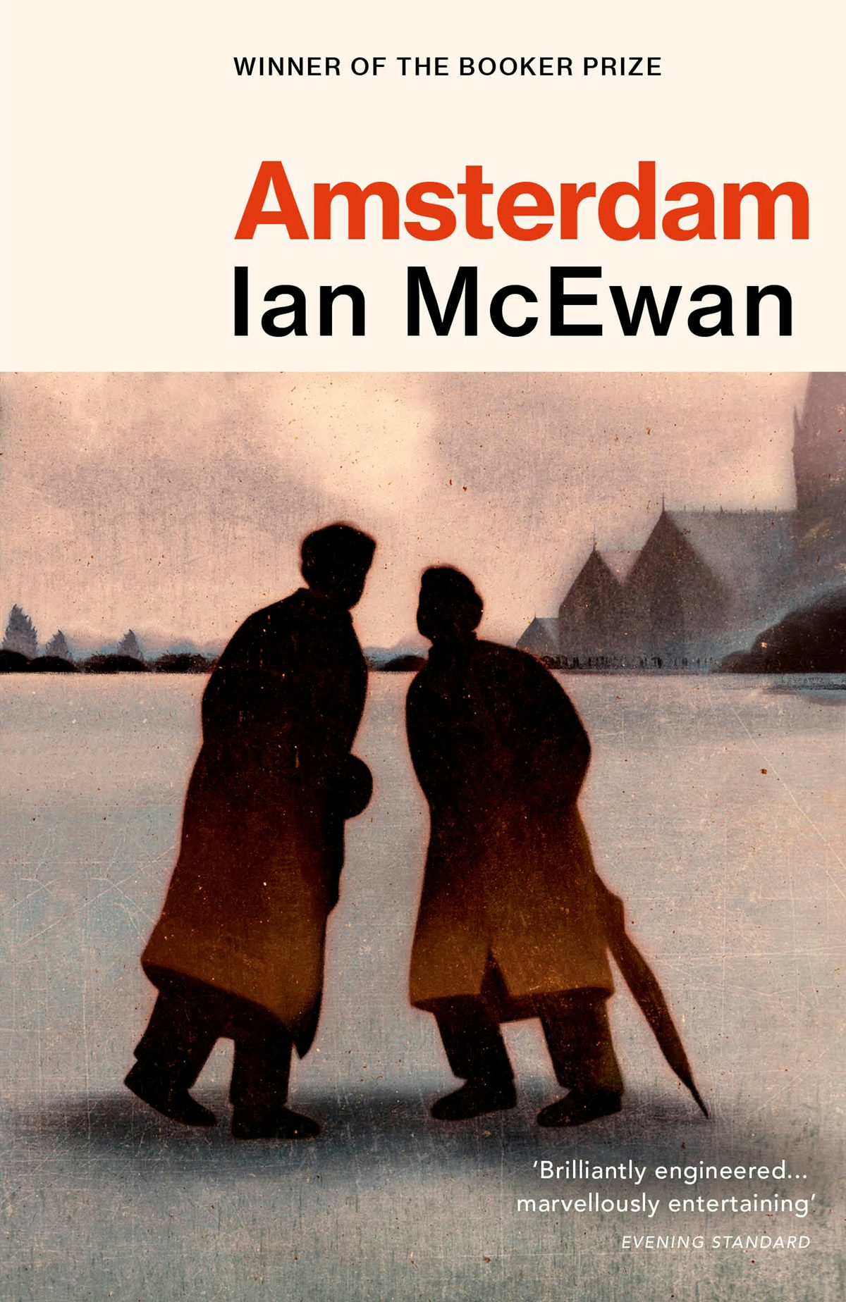 Cover of Amsterdam by Ian McEwan showing an illustration of two figures wearing long coats and trousers, one carrying an umbrella, against a hazy abstract outlines of buildings in the background